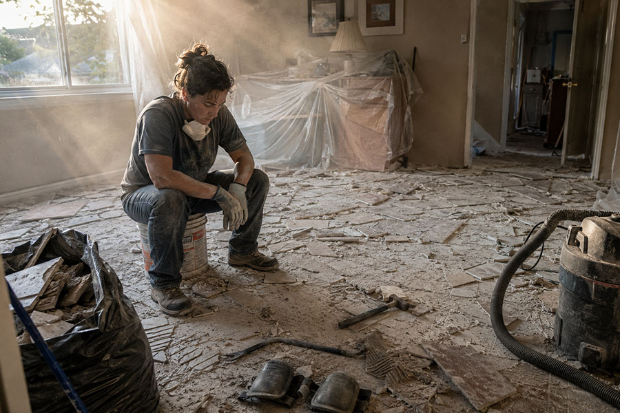 Exhausted homeowner sitting on a bucket in a dusty living room after a failed DIY floor removal, with broken tile, damaged subfloor, scattered tools, and fine dust covering the entire space