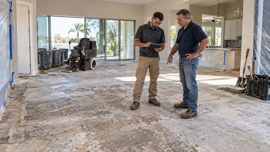 Residential room after the existing floor covering has been removed, showing the exposed surface before evaluation for the next flooring phase.