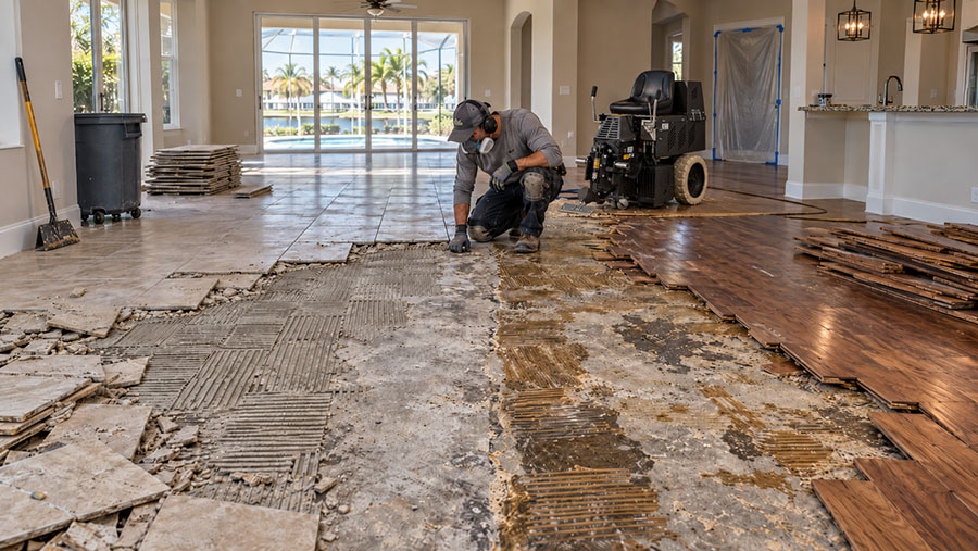 Partially removed tile and glue-down wood flooring showing thinset mortar and adhesive residue during project planning.